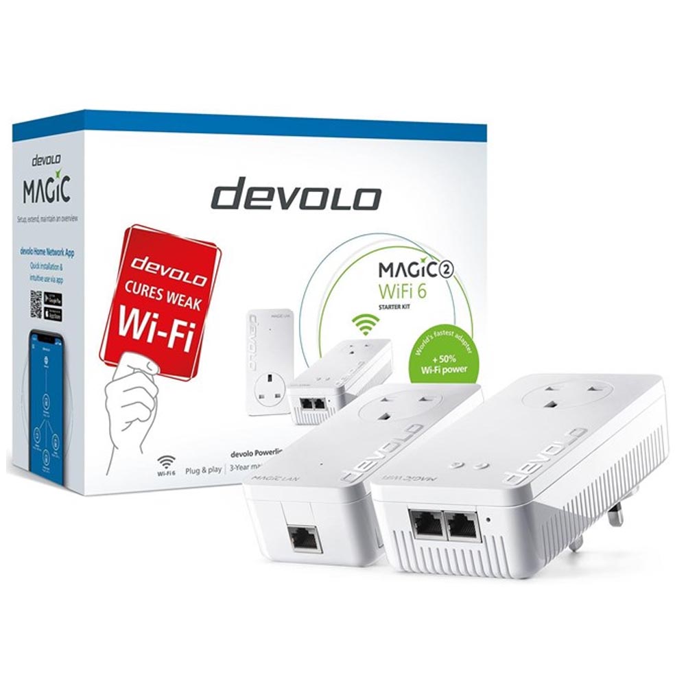 Devolo Powerline Magic 2 Wifi 6 Starter Kit 1x Magic 2 Lan Adapter & 1x Magic  2 Wifi 6 (WIRELESS) ADAPTER, 2400Mbps, SHUKO, Ac Power Out SOCKET, 3YW. -  (8822)